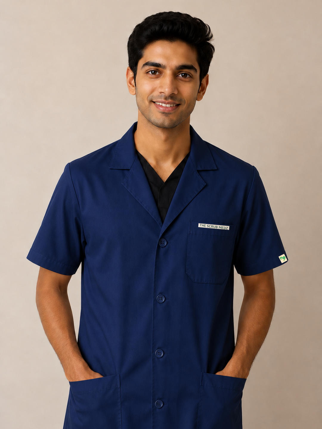 Navy Blue Half Sleeve Lab Coat For Men