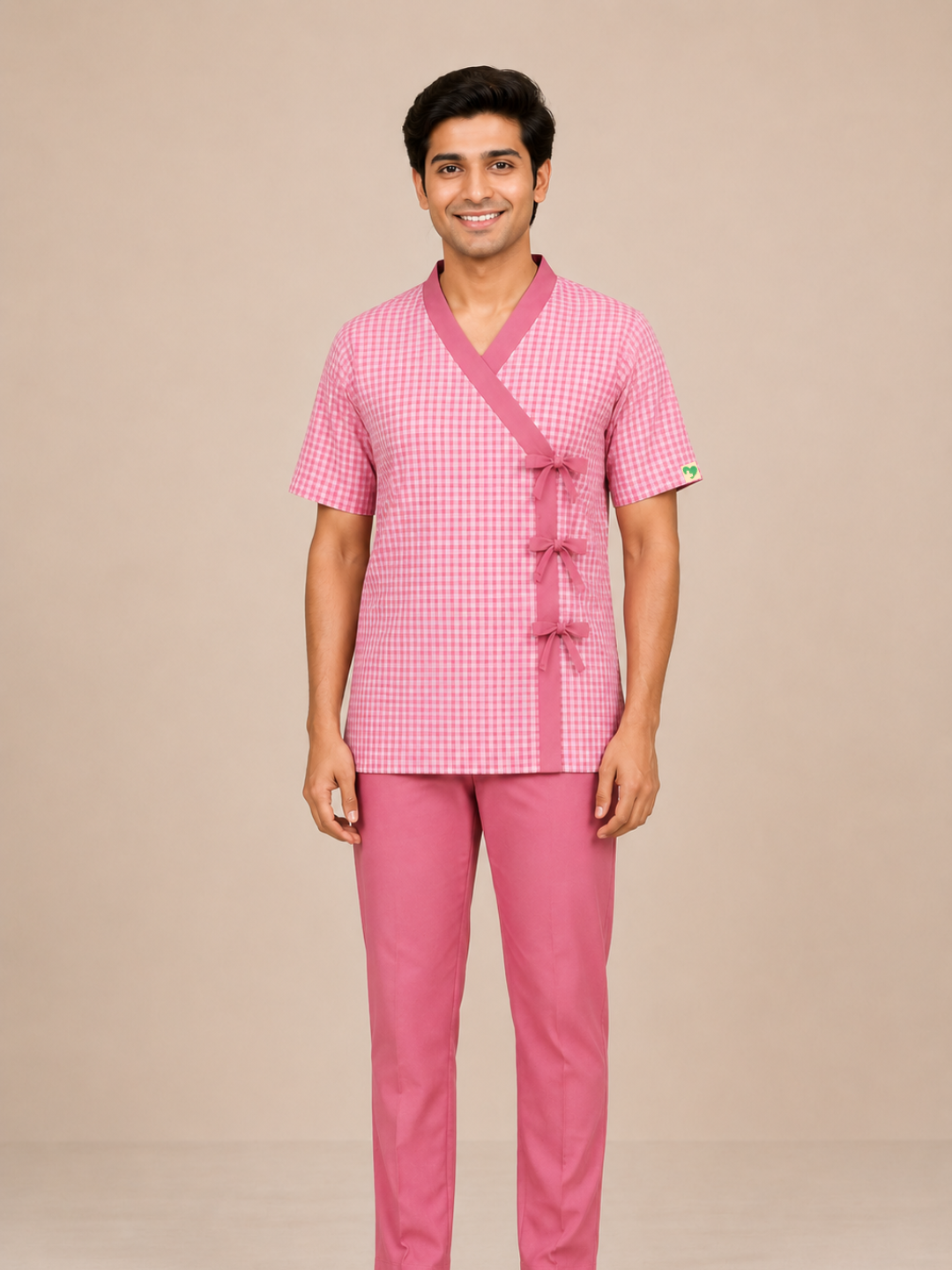 Pink V Neck Patient Dress For Men