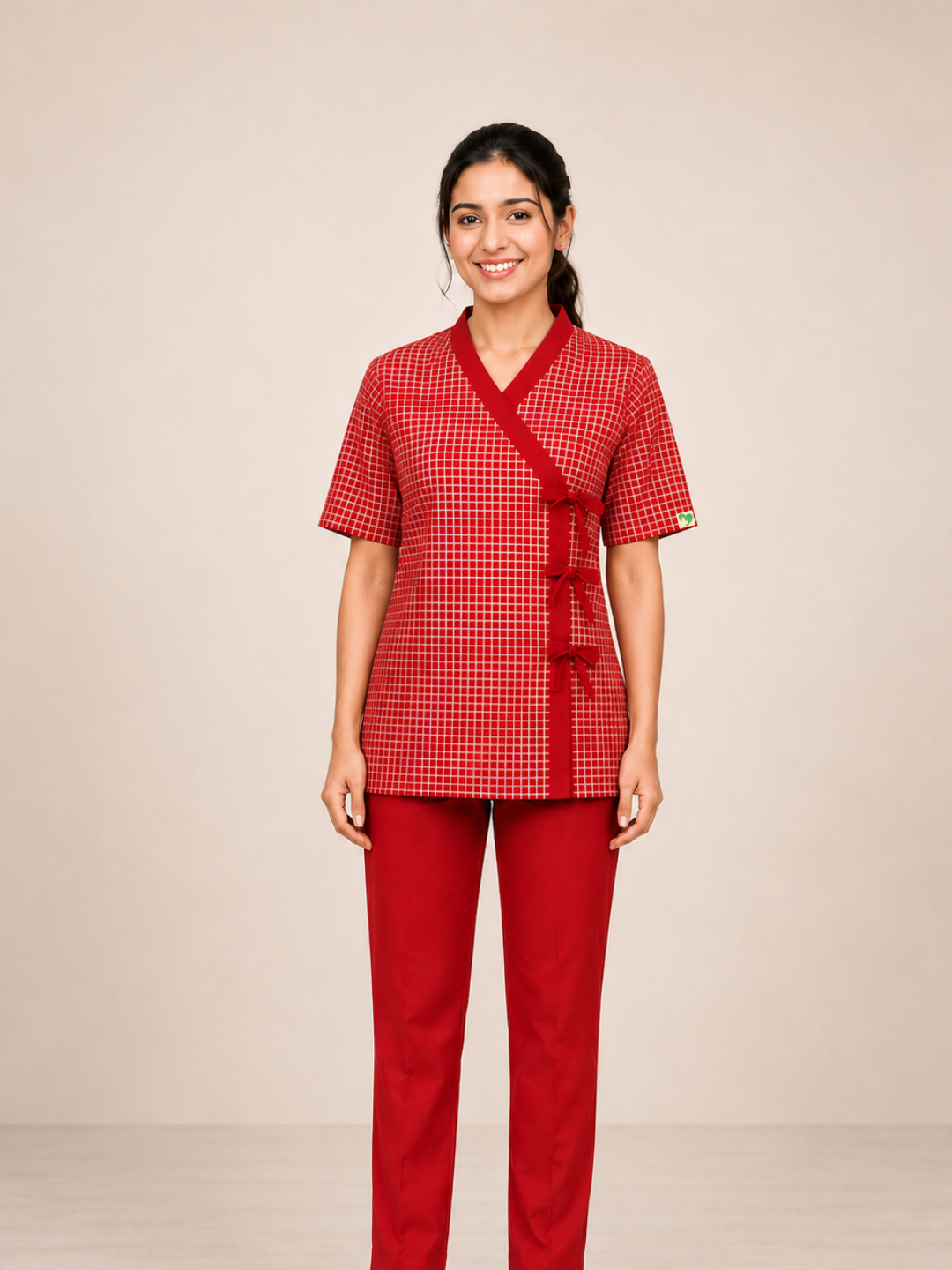 Red V Neck Patient Dress For Women
