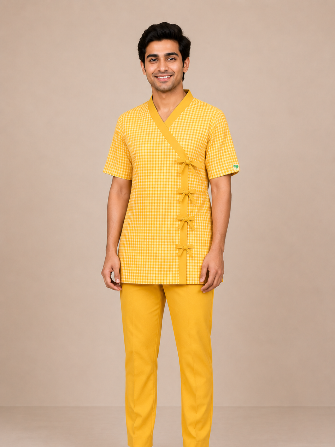 Yellow V Neck Patient Dress For Men