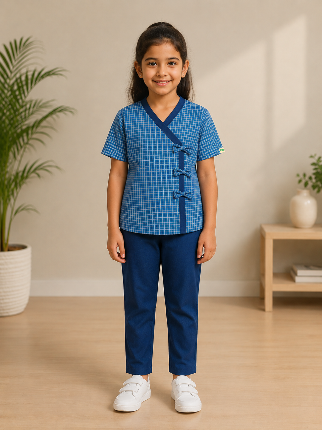 Blue V Neck Patient Dress For Kids Girl