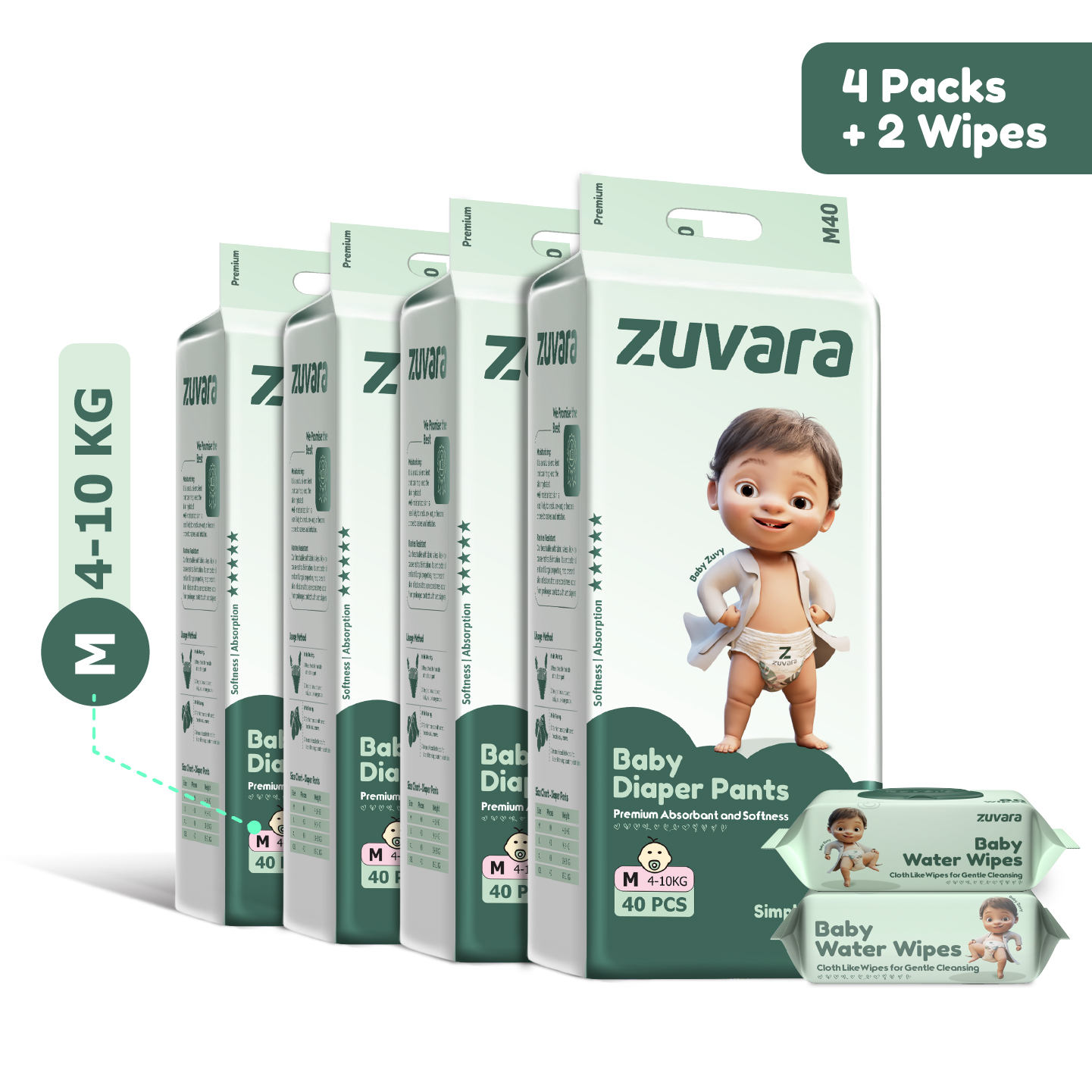 Zuvara Premium Diaper Pants - M (Pack Of 40*4) + 2 Premium Water Wipes