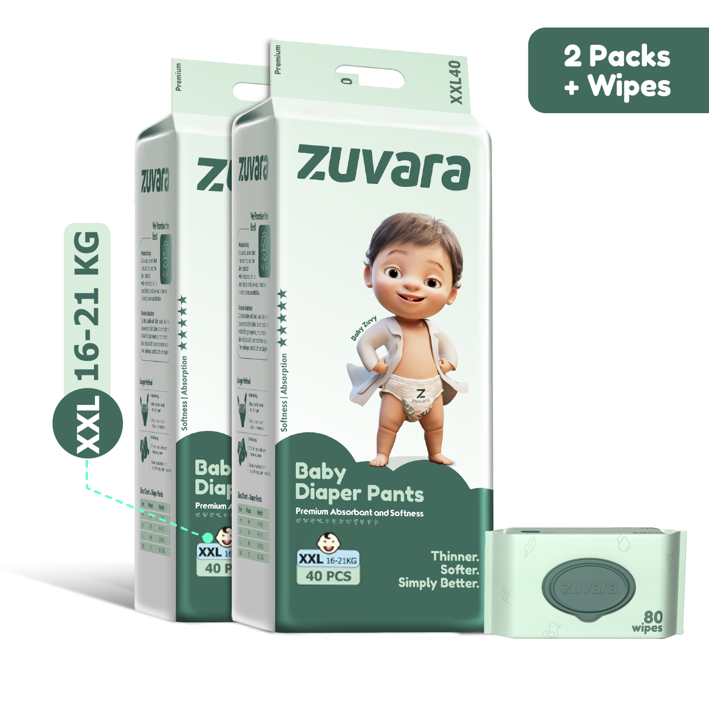 Zuvara Feather Diaper Pants - XXL (Pack Of 40*2) + 1 Baby Water Wipes