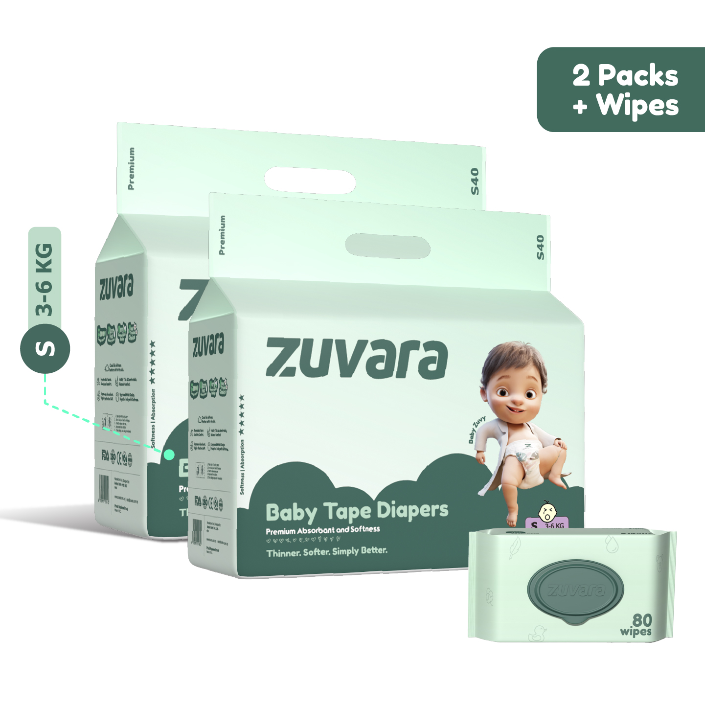 ZUVARA Premium Tape Diaper - S (Pack Of 40*2) + 1 Baby Water Wipes