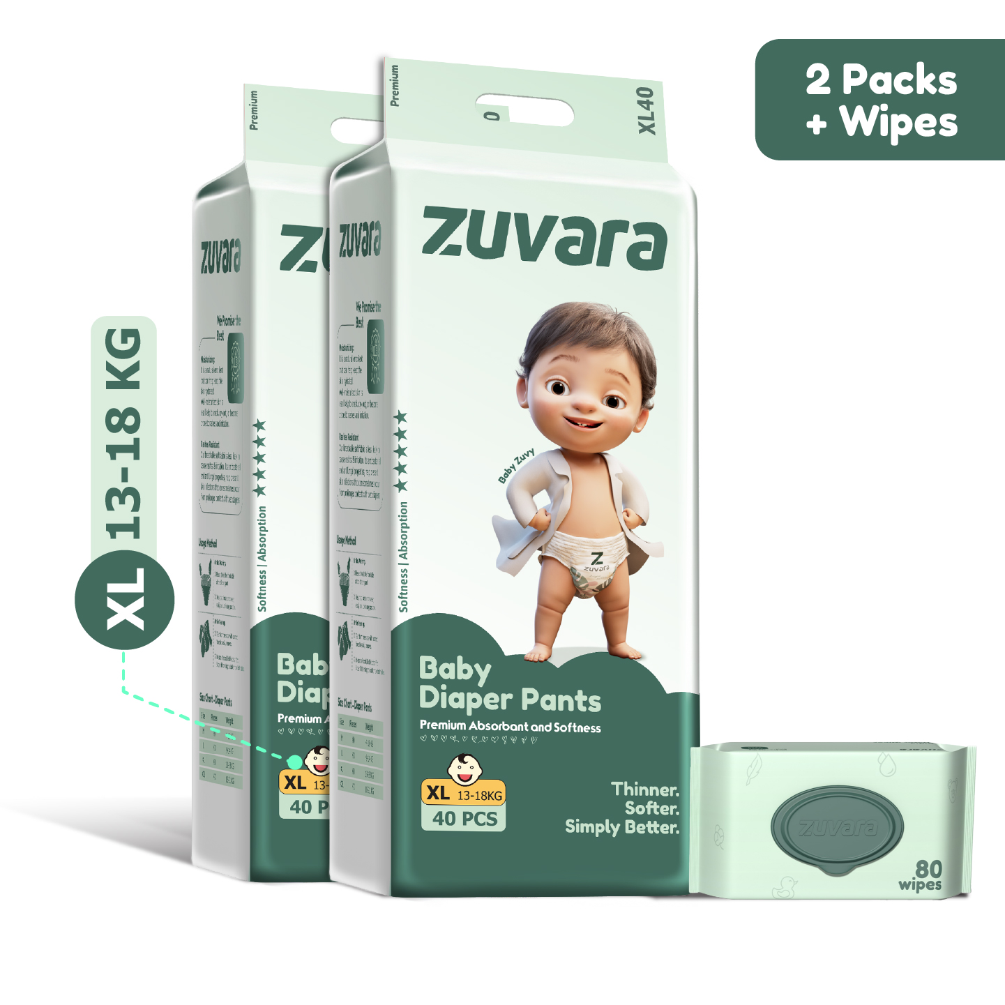 ZUVARA Premium Diaper Pants - XL (Pack Of 40*2) + 1 Baby Water Wipes