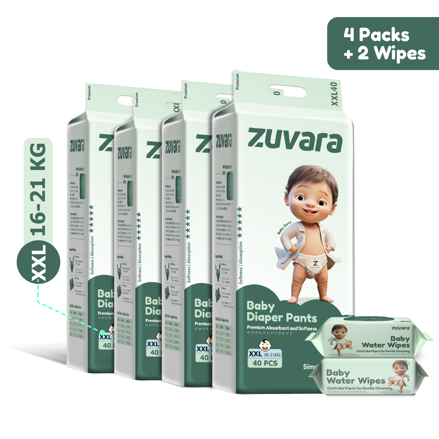 Zuvara Feather Diaper Pants - XXL (Pack Of 40*4) + 2 Baby Water Wipes