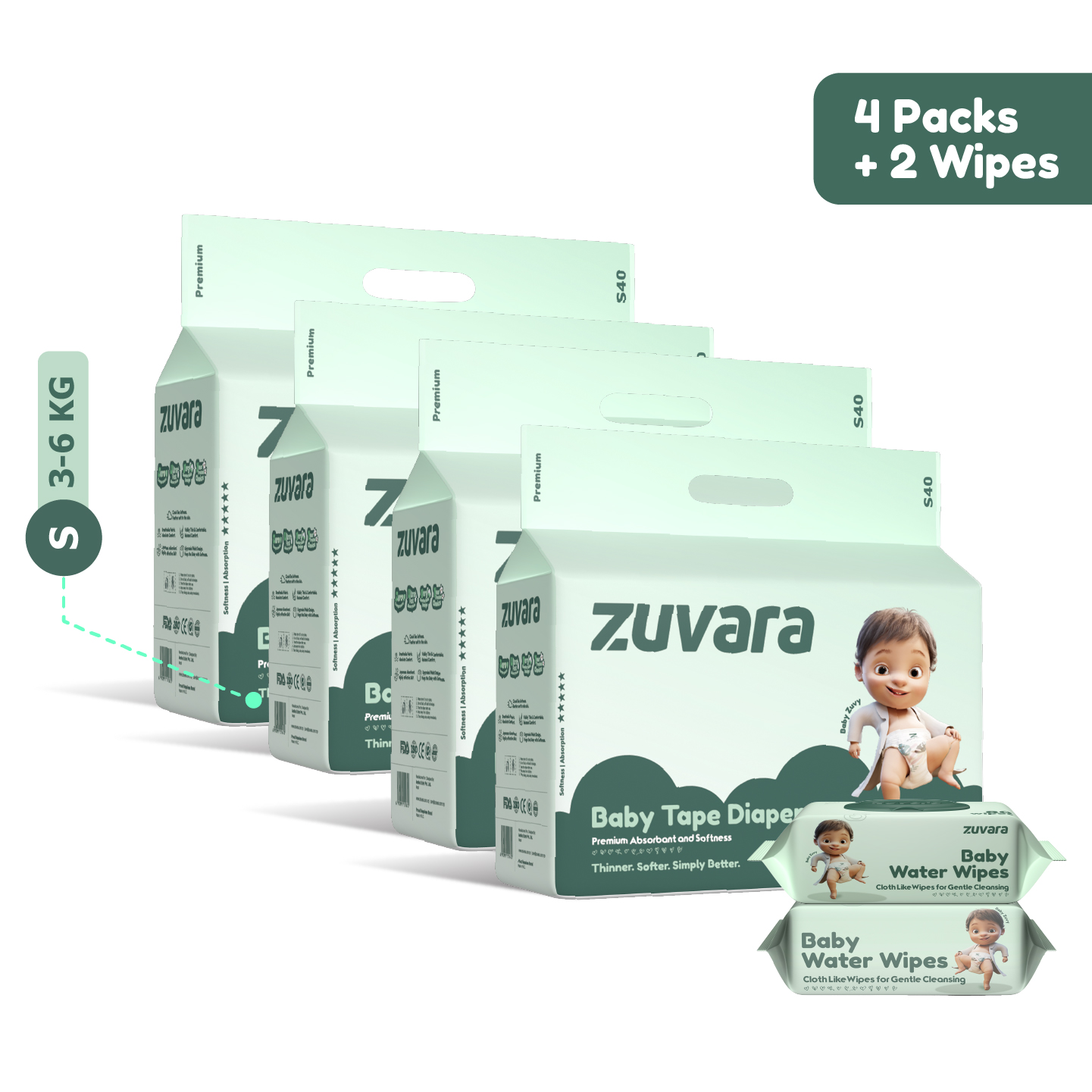 ZUVARA Premium Tape Diaper - S (Pack Of 40*4) + 2 Baby Water Wipes