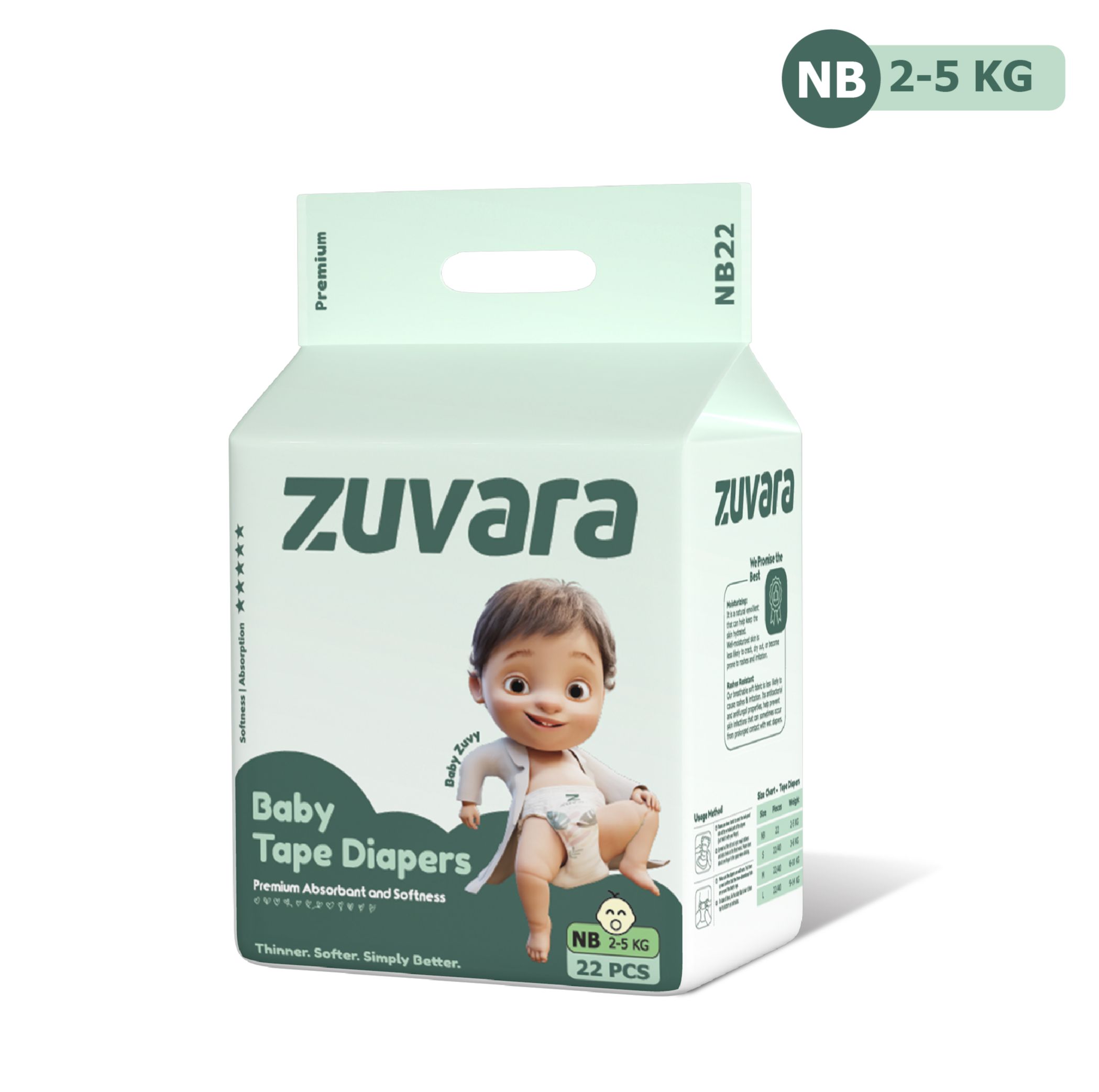 Zuvara Premium Tape Diaper - NB (Pack of 22)