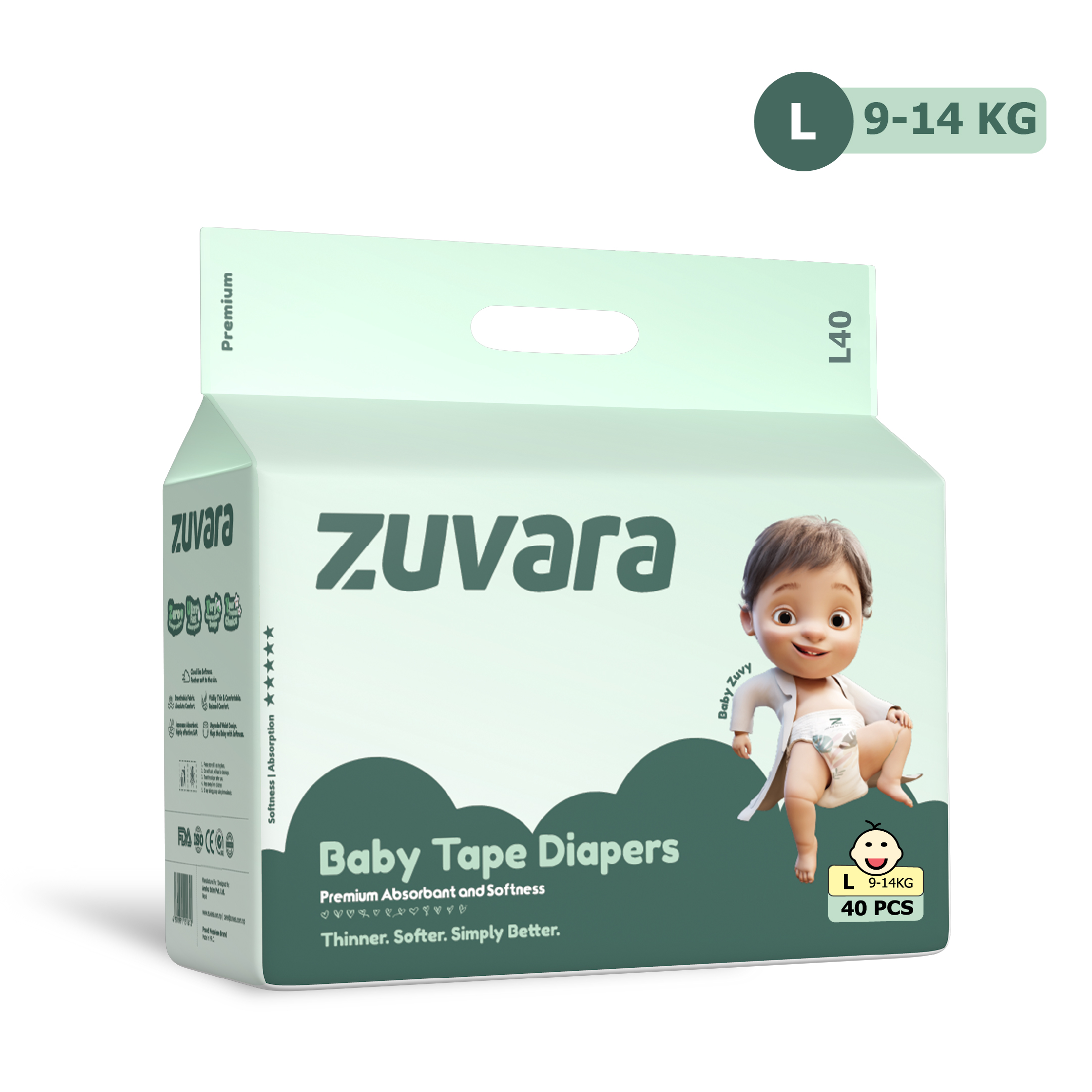 Zuvara Premium Taped Diaper - L (Pack Of 40)