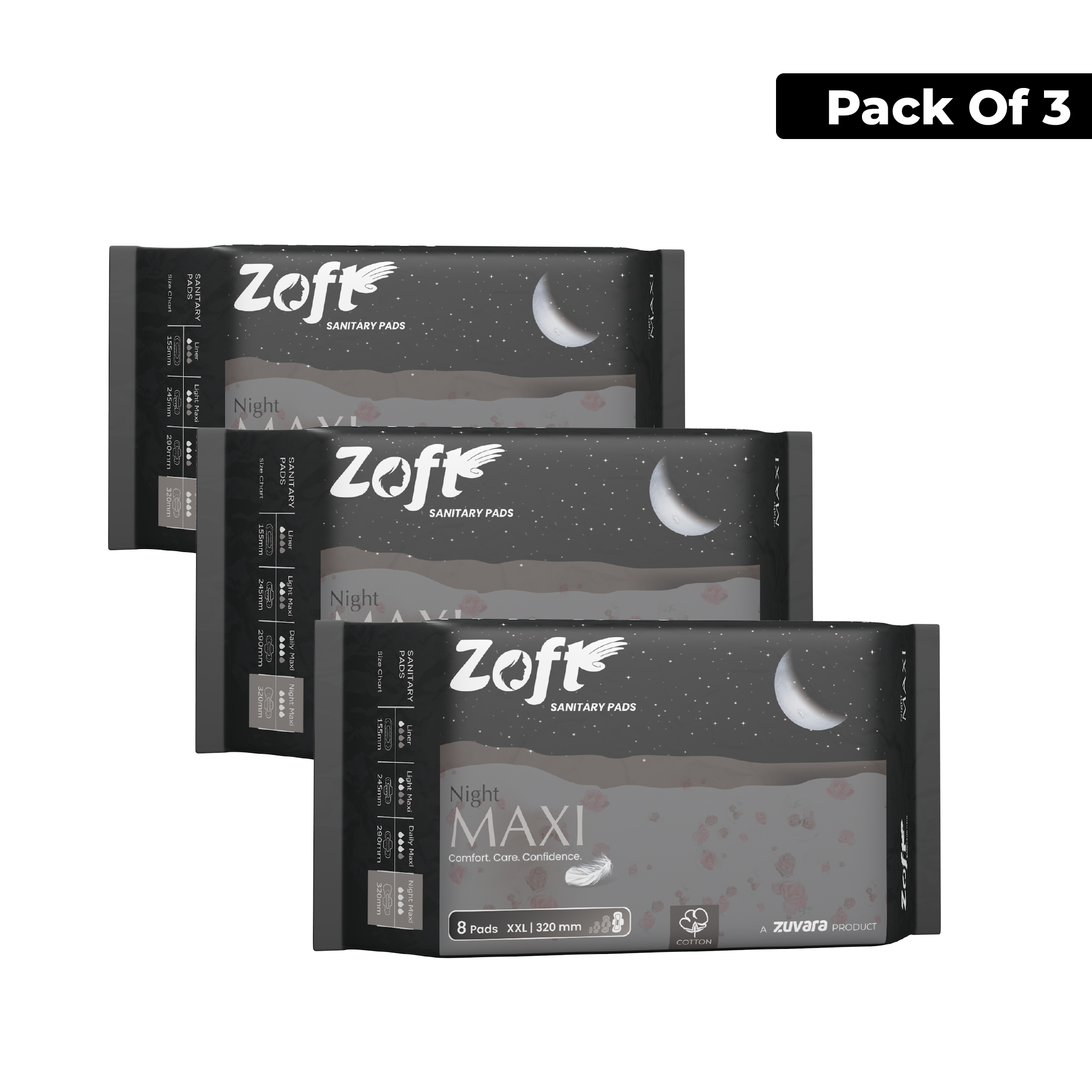 Zoft Night Maxi Sanitary Pads - XXL - 320 mm ( Pack of 8 * 3 Packets)